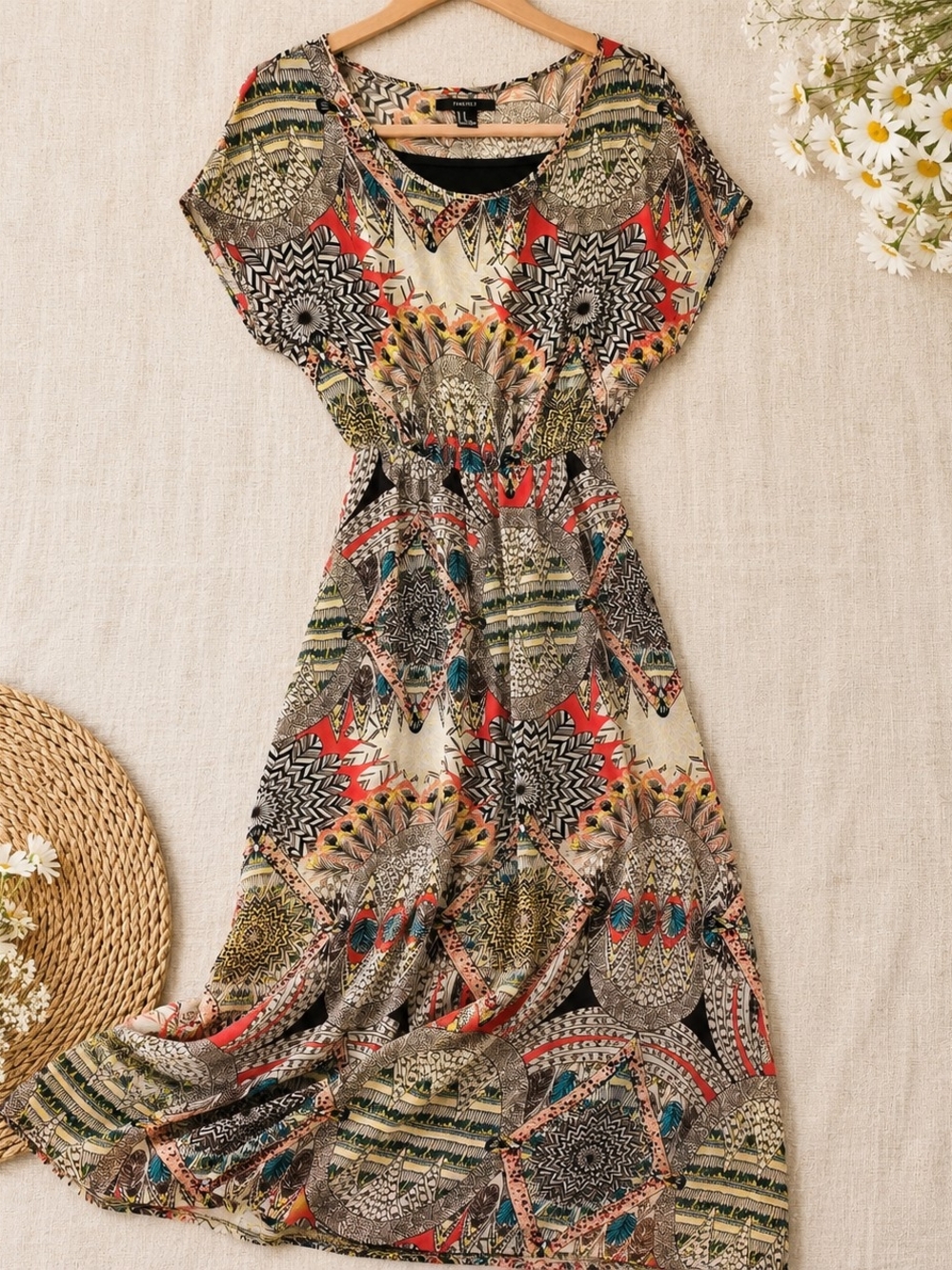 Forever 21 Boho Feather Print Maxi Dress Elastic Waist Lined Medium